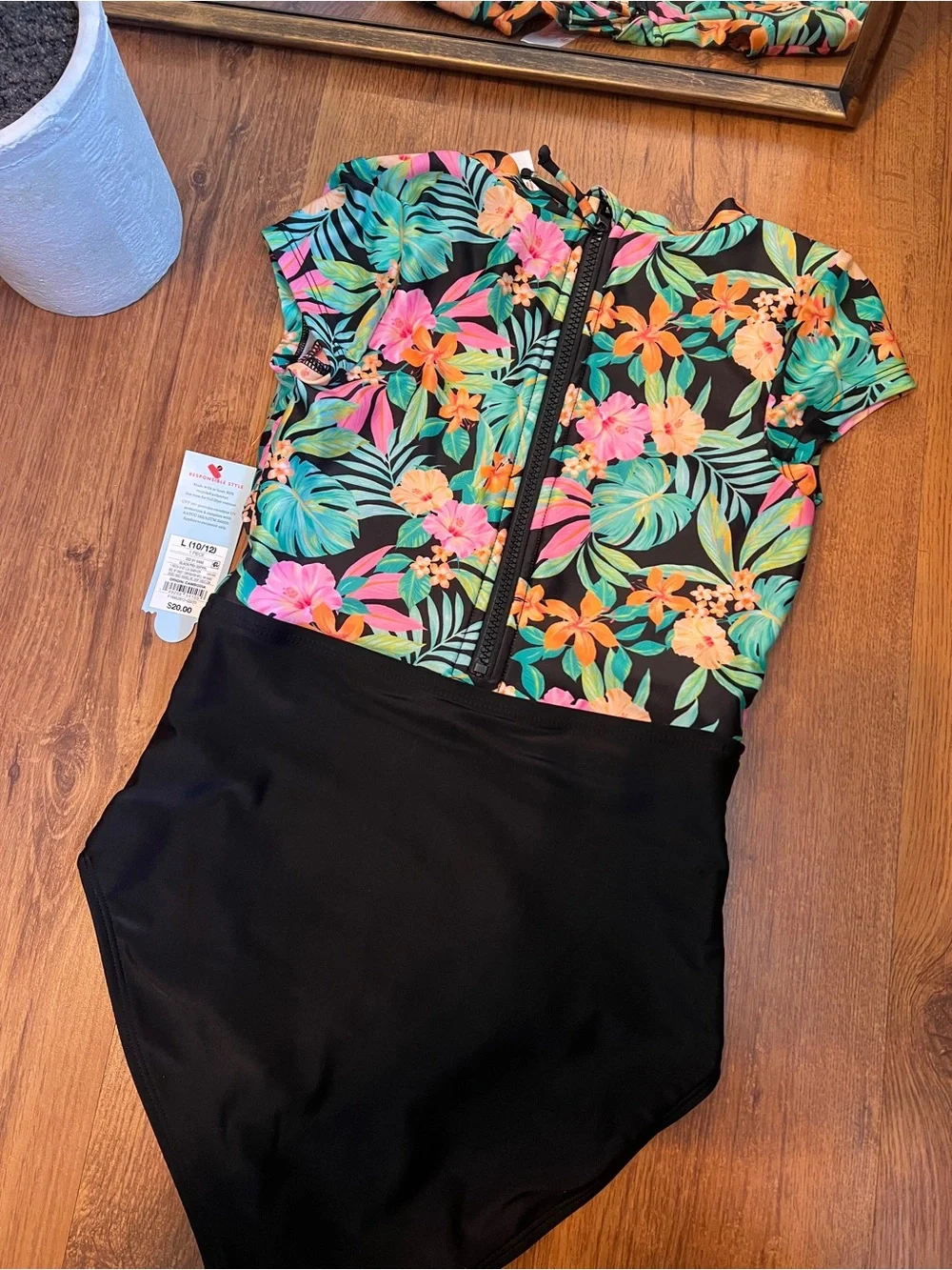 Kids One-Piece Floral Rash Guard Swimsuit - Black with Tropical Print